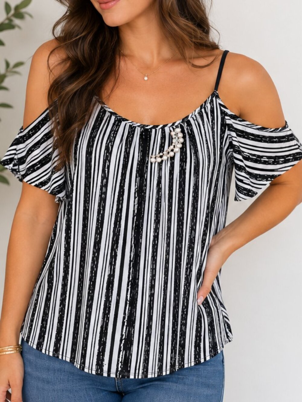 Notations Women’s Black & White Striped Cold Shoulder Blouse Size L